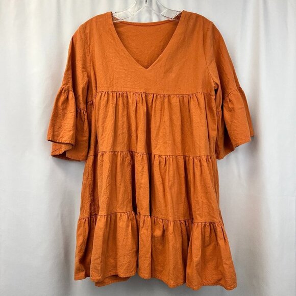 Shein Womens Orange V-Neck Short Sleeve Ruffle Short Mini Dress Size Medium - Picture 1 of 9